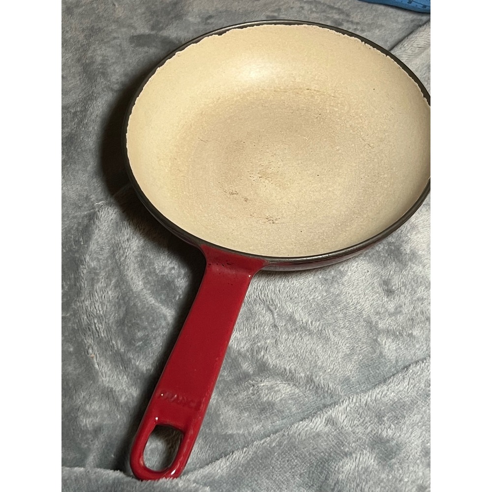 Vintage French Red Enamel Cast Iron Skillet Cream Interior Hanging Handle
